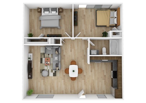 A top-down view of a modern apartment layout with a kitchen, living room, and two bedrooms.